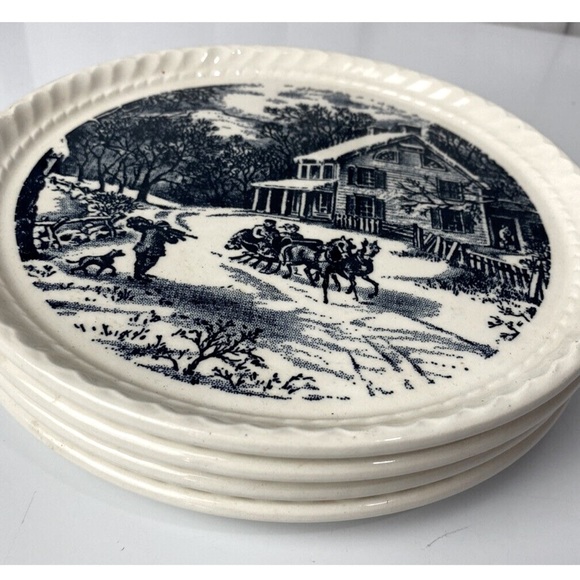 Vintage Royal Currier & Ives Dessert Plates Sleigh Ride Blue White Set of 4 - Picture 6 of 7